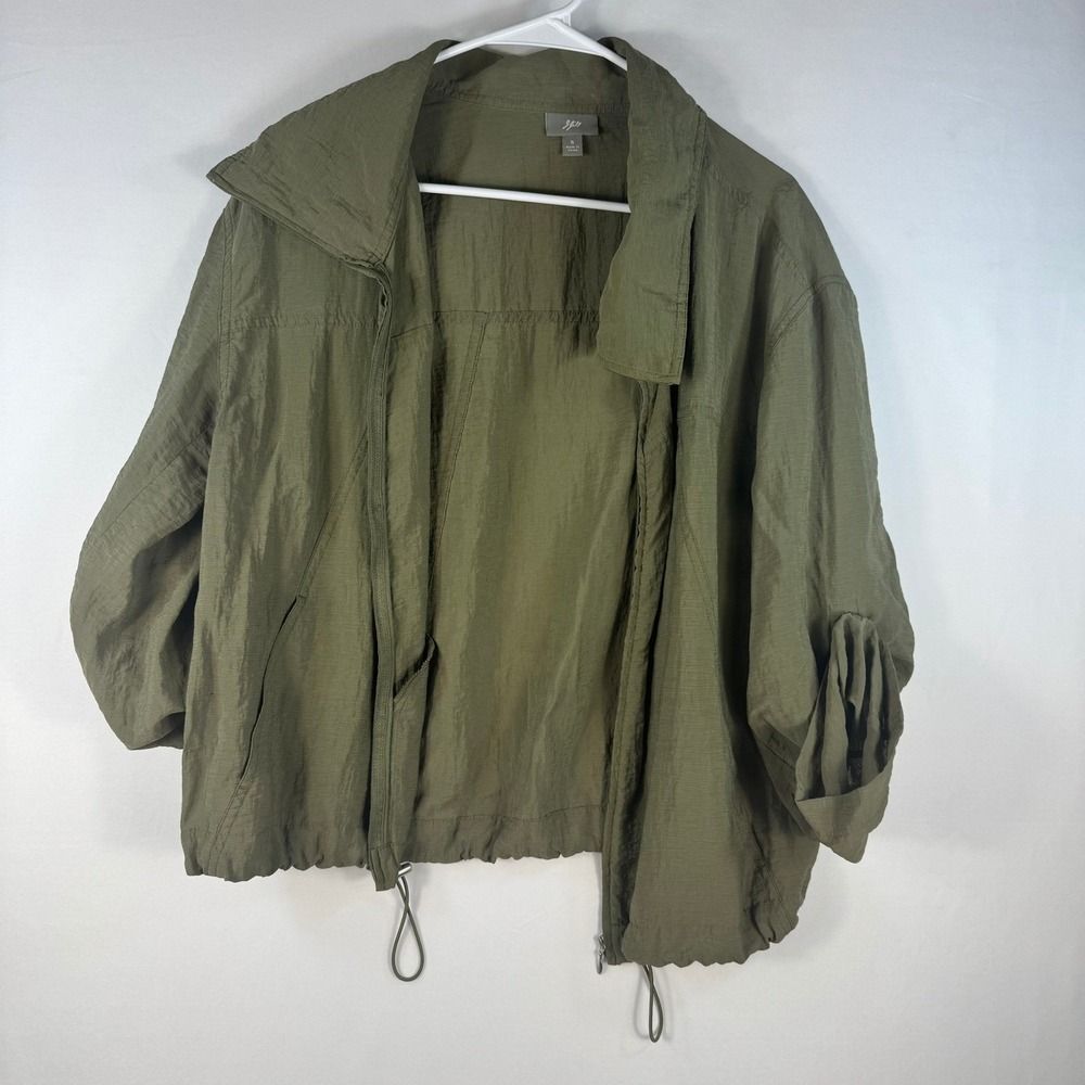 J. Jill Womens Small Olive Green Full Zip Textured Lightweight Jacket Roll Tab